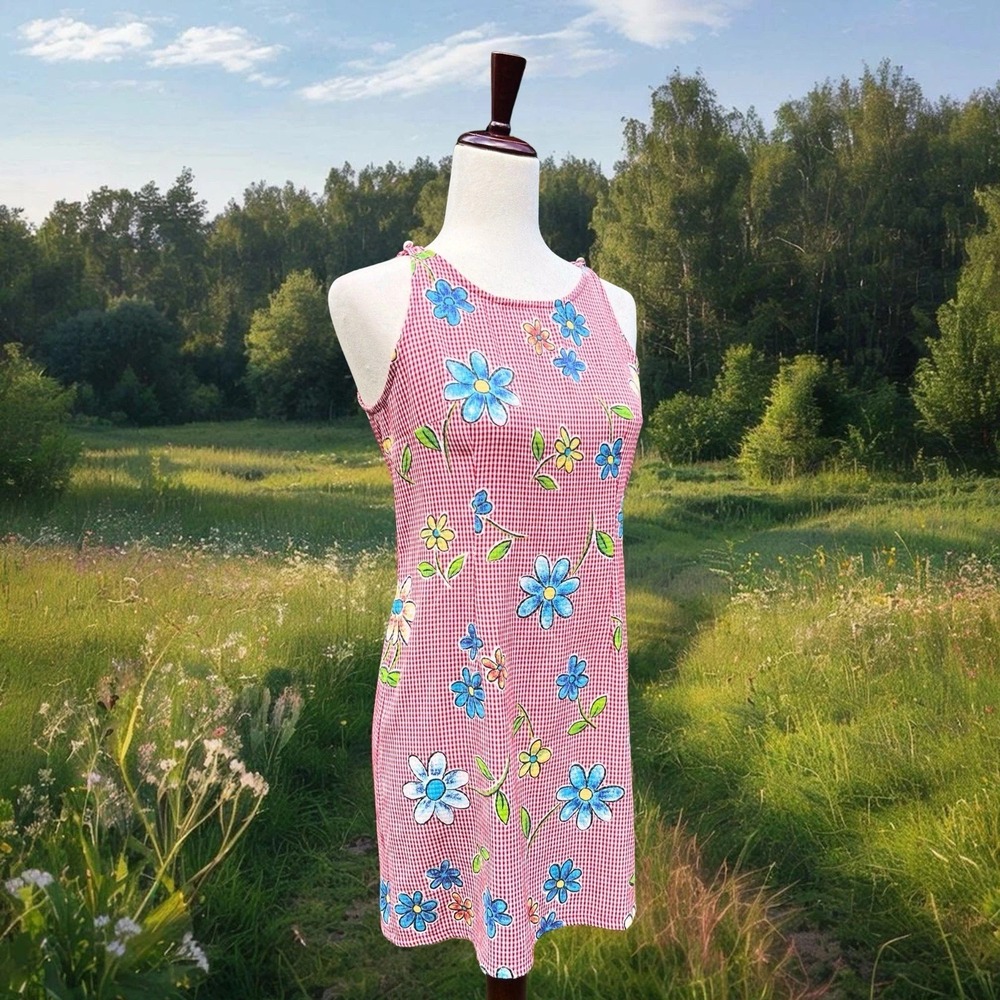 Y2K Mini Dress Sz‎ S Red Gingham Cottagecore Big Flowers Sleeveless Twee 90s VTG